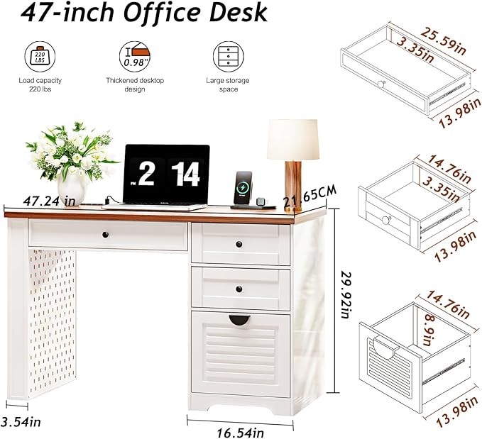 Ieejdn 47" Home Office Desks, Executive Desk, Farmhouse Computer Desk with Drawers and Charging Station, File Drawer, Storage Cabinet, Rustic Computer Writing Desk,Antique White
