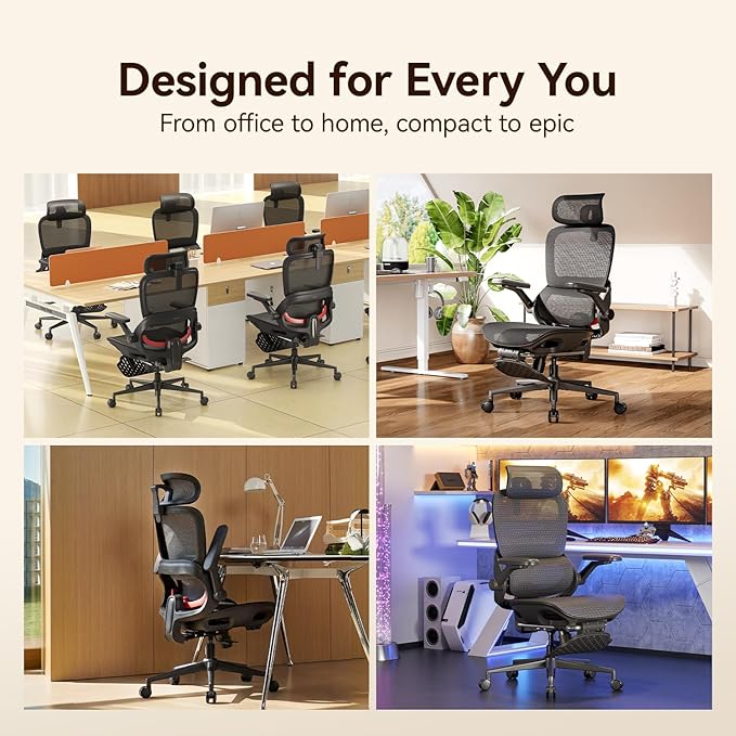 SIHOO B100 PRO Ergonomic Office Chair with Footrest, Mesh Office Chair with Adaptive Lumbar Support, Computer Chair with Wide Headrest, Desk Chair with 360° Rotatable Flip-Up Armrests, Ebony