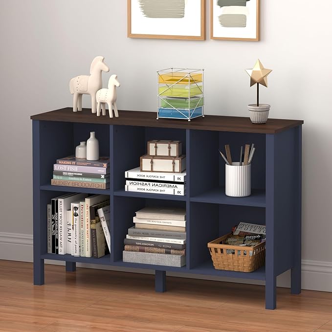 6-Cube Bookcase, Farmhouse Wooden Bookshelf Low Storage Organizer, 45" Horizontal Navy Blue Console with Legs, Hallway Book Case for Entryway, Display Cabinet for Living Room (Navy Blue, 6-Cube)