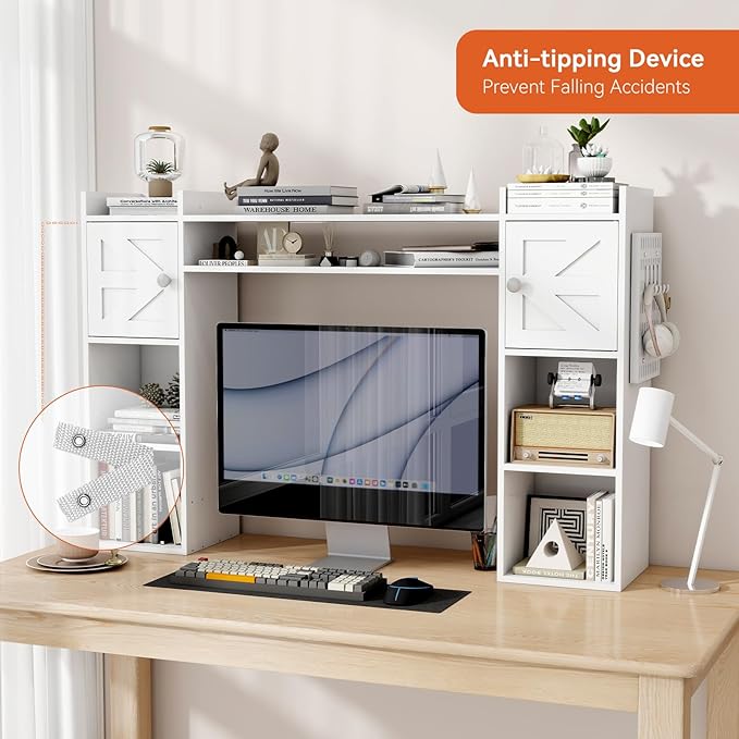 ELECWISH Desktop Bookshelf, Desk Hutch with Drawer for Computer Desk, 35.3" 8-Tier Adjustable Desktop Shelf Organizer with Pegboard for Home Office, Oak