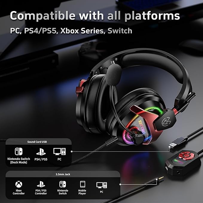 Tatybo PC Gaming Headset with Mic for PS5 PS4 Xbox, USB Headset with 7.1 Surround Sound, Wired 3.5mm Headphones, RGB