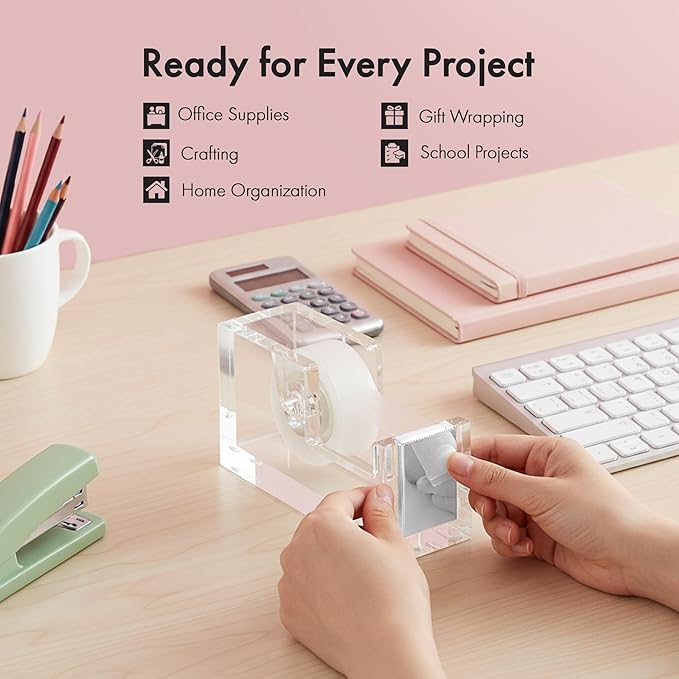 OfficeGoods Acrylic Tape Dispenser – Modern Desk Organizer for Office Supplies, Heavy Duty Refillable Tape Holder for Home and School Crafting, Stylish Desktop Accessory for Gift Wrapping, Silver