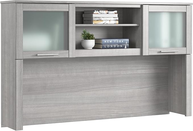 Bush Home 60-Inch Desk Hutch, Office Storage Organizer with Shelves, Cubbies and Frosted Glass Doors for Computer Desk, Home Office Furniture, Somerset Collection, Platinum Gray
