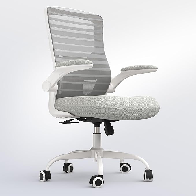 Office Chair for Long Hours & Back Pain Relief – 4" Thick Molded Foam Cushion, Padded Lumbar Support and Flip-up Armrests, Ideal for Office or Study, Light Gray