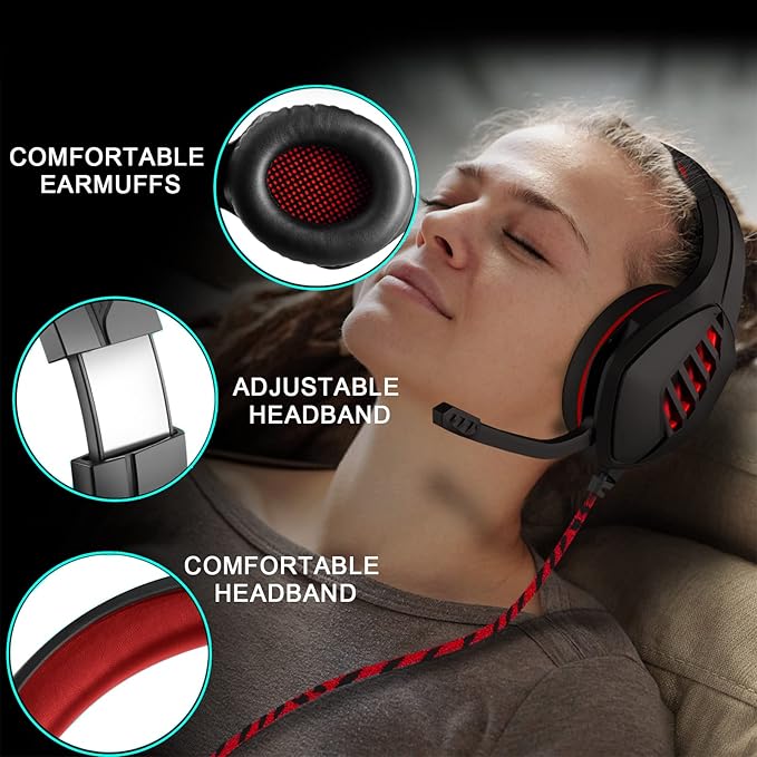 Gaming Headset with Microphone - for PC, PS4, PS5, Xbox One, Xbox Series X|S - 3.5mm Jack Gamer Headphone with Noise Canceling Mic - Black&Red