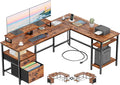 Furologee 66” L Shaped Desk with Power Outlet, Reversible Computer Gaming Desk with File Drawer & 2 Monitor Stands for Home Office with Storage Shelves, Rustic Brown