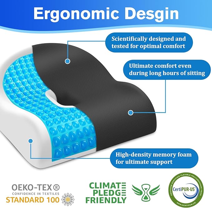 TranquilRelax Seat Cushion Office Chair Cushion for Back & Tailbone & Sciatica Pain Relief, Grey Memory Foam Desk Chair Pressure Relief Seat Cushion for Long Sitting Car Drivers, Office Worker