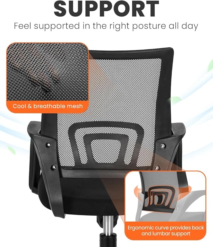 NEO CHAIR Office Desk Computer Chair Ergonomic Mesh Gaming Cushion Seat with Comfy Lumbar Mid Back Support Adjustable Height Swivel Rolling Wheels for Home Task (Black)