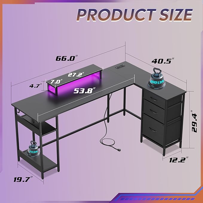 DEVAISE L Shaped Desk with Drawers, L Shaped Gaming Desk with Power Outlets, LED Lights, Monitor Stand, Computer Table, Large Corner Desk for Home Office (Black, 66 Inch)