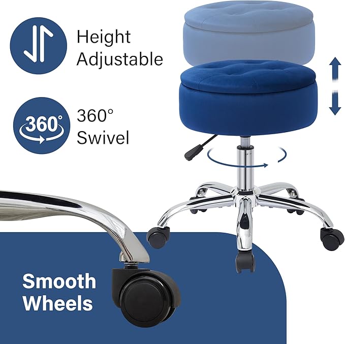 Gitrah Vanity Chair with Wheels Adjustable Vanity Stool with Storage Swivel Vanity Stool for Vanity Rolling Makeup Chair Blue