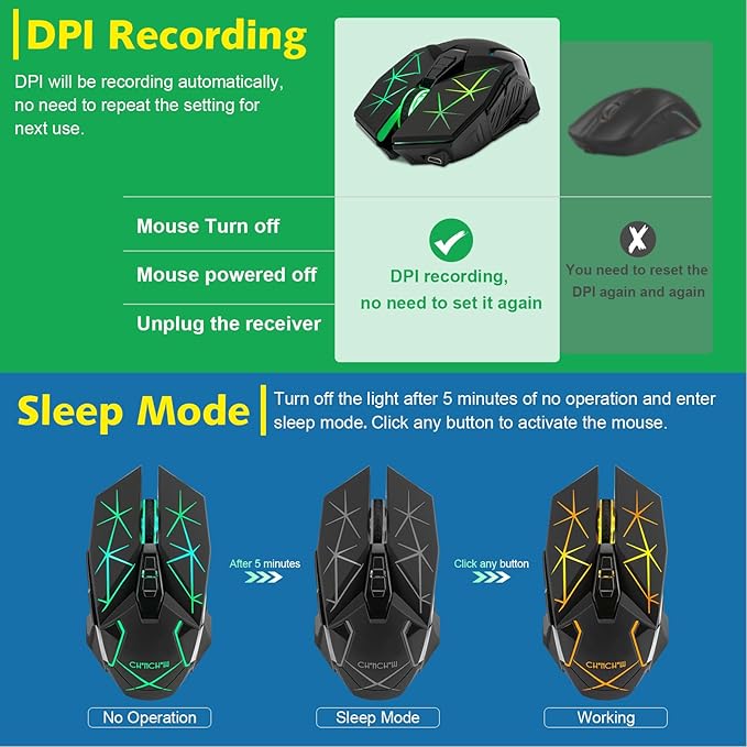 CHONCHOW Rechargeable Wireless Gaming Mouse, 7 Buttons, Up to 3200 DPI, RGB LED, USB-C, Side Buttons, 2.4G, Long Charging Cable,Compatible PC Laptop Win Mac Chromebook, Black