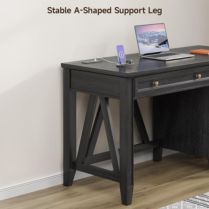 ONBRILL 54 Inch Farmhouse Executive Desk, Computer Desk with Drawers, Home Office Desk with Charging Station, for Working Studying Writing, Black