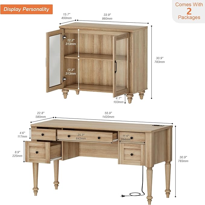 WAMPAT Home Office Furniture Set, 56'' Executive Desk with Charging Station, Farmhouse Cabinet with Glass Doors, Wood Computer Desk with File Cabinet, Open Shelf, Oak