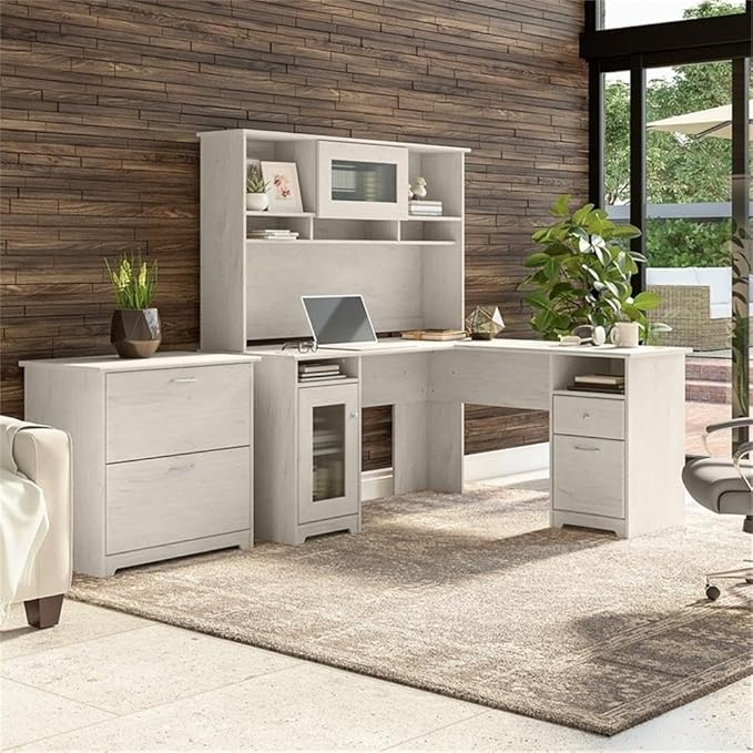 Pemberly Row 60W L Shaped Engineered Wood Desk w/Hutch & File Cabinet, Linen White Oak Finish, Fluted Glass, Built-in Wire Management, Home Office Desk Set with Storage & Filing
