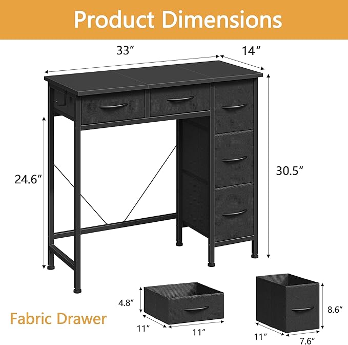HIGDBFE Small Desk with 5 Fabric Drawers, 33 Inch Writing Desk for Home Office, Simple PC Desks for Small Place, Kids Girls Teen Study Table Vanity for Bedroom, Dorm, Black, 14" D