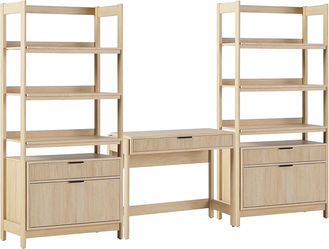 Walker Edison Transitional 3-Piece Writing Desk with 2 Wide Bookcases, Reeded Drawer Fronts, Set of 3, Coastal Oak