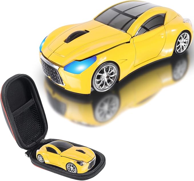 elec Space Wireless Mini Mouse with Case - Cute Sports Car Shape, Lightweight & Portable, 10m Range, Plug and Play (Yellow)