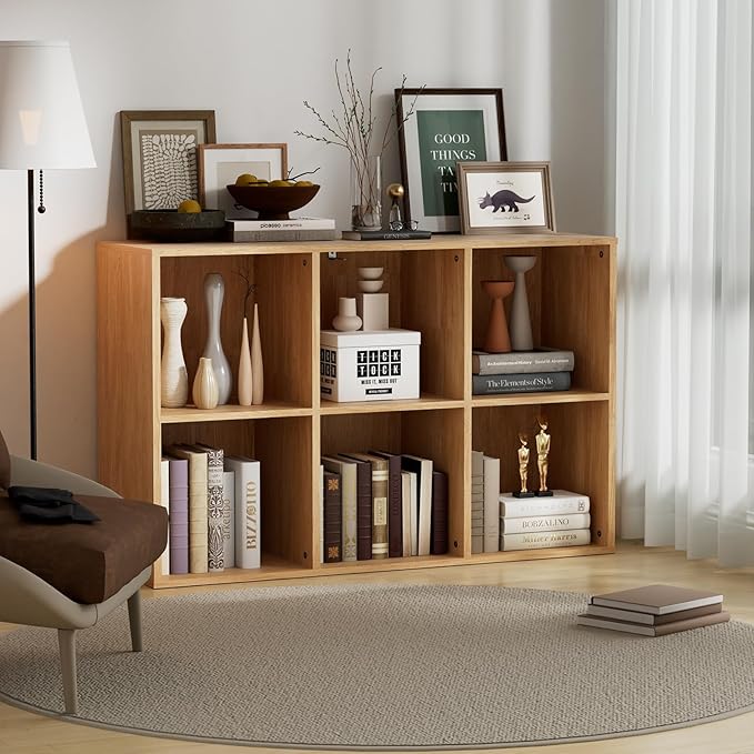 Wooden 6 Cube Storage Organizer with Closed Back Panel, Modern Open Cube Storage Shelf Bookshelf with Compartments, Cube Shelf Organizer for Living Room, Bedroom, Study Room (Wood Color)