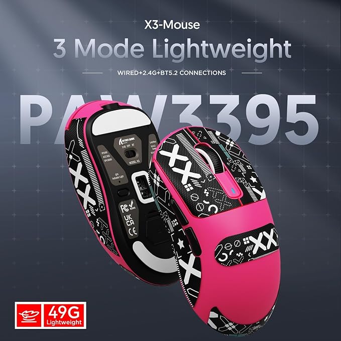 Attack Shark X3 Wireless Gaming Mouse, 49g Ultralight, PixArt PAW3395 26000 DPI, Bluetooth/2.4Ghz /Wired Tri-Mode, 200Hrs Rechargeable Battery, Kailh GM8.0 Switch for PC/MAC/Win - Rose Red&Tape