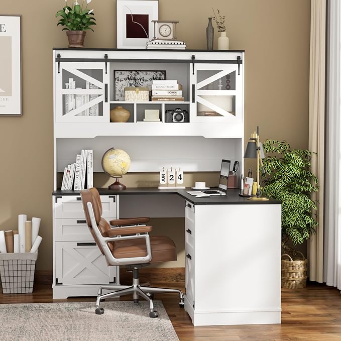 VOWNER 57" Farmhouse L Shaped Desk with Hutch, Executive Desk with Charging Station, Home Office Desk with Sliding Doors and File Cabinet, Wood Corner Computer Desk with Drawers for Home Office, White