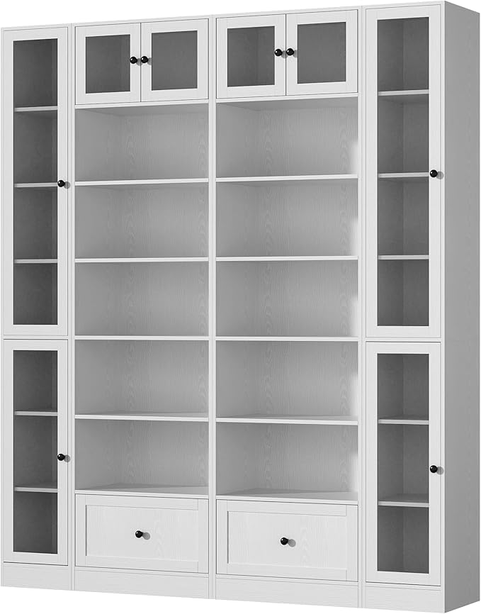 TUSY 85.5 Inch Tall Bookshelf with Doors - 7 Tier Bookcase with Glass Doors and Drawer, 23.6" Wide Storage Cabinet with Open Shelves for Living Room, White Book Shelf for Home Office, Study (DBBD)