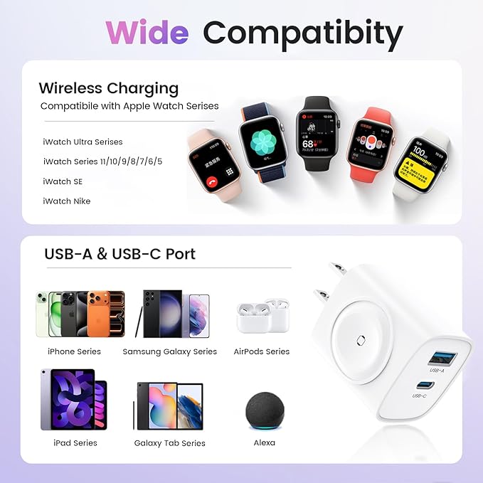TOPADRE 3-in-1 PD USB C Wall Charger Block, 20W Fast Charging Block, Charger for Apple Watch Series 11/10/9/8/7/6, for iWatch Ultra, Compatible with iPhone 16/16 Pro/iPhone 15, Black