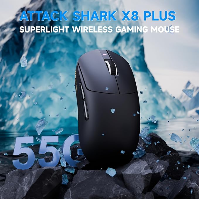 ATTACK SHARK X8Plus 55g Superlight Wireless Gaming Mouse with 40K DPI,PAW 3395PRO Sensor, Broadcom BK52820 Chip,HUANO Switch,Web Driver,Tri-Mode Fit Large Hand Mice with RGB Cable -Black