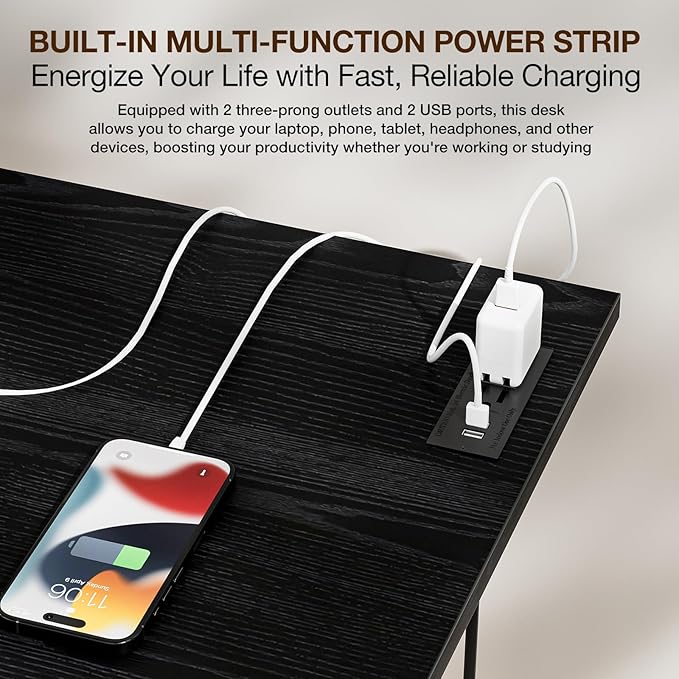 TEMI Foldable Desk with Power Outlets & USB – Dark Oak (44.3")