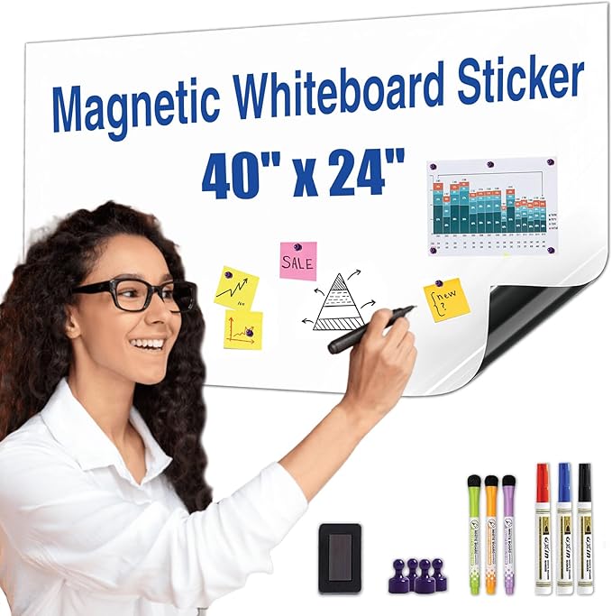 Magnetic Whiteboard Sticker - Adhesive Backing 40" x 24" Dry Erase Board for Wall Whiteboard Contact Paper for Office Home