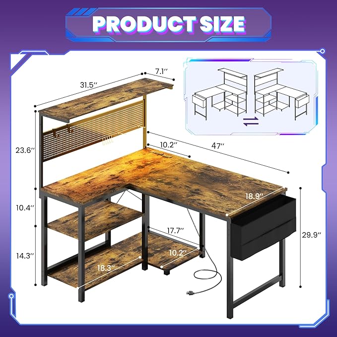 Apicizon L Shaped Desk Gaming Desk with LED Light & Power Outlet, 47 Inch Reversible Computer Desk with Pegboard & Shelf & Storage Bag for Home Office, Rustic Brown