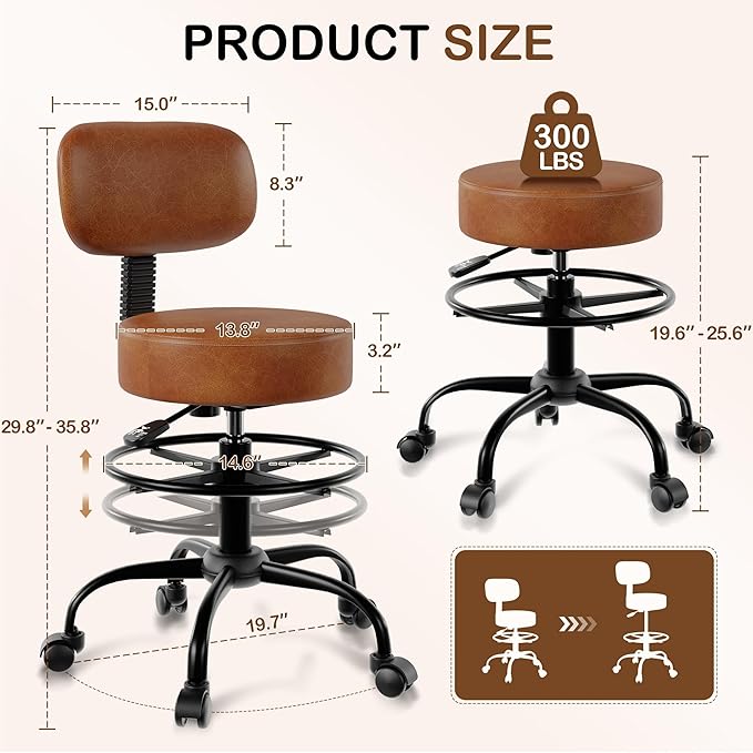 Drafting Chair with Back Support, Adjustable Foot Rest Rolling Stool, 360° Swivel Office Desk Chair with Wheels, Thick Seat Cushion for Home Bar Salon Tattoo Shop (2, Brown)