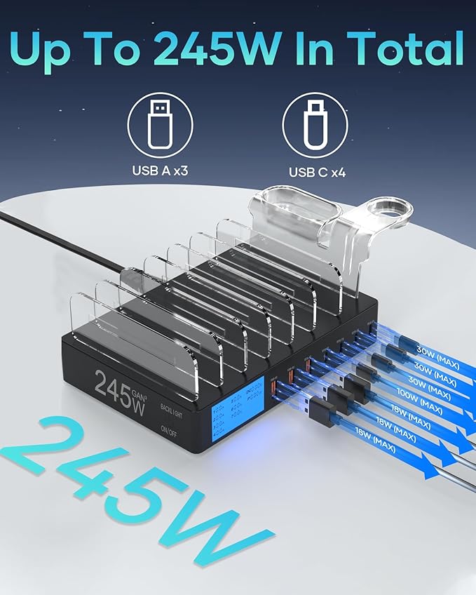 Charging Station for Multiple Devices, slitinto 245W 7-Port USB C Fast Charger Stations for MacBook, iPhone, iPad, Tablet, Family Multi Device Organizer with LCD Display, Black