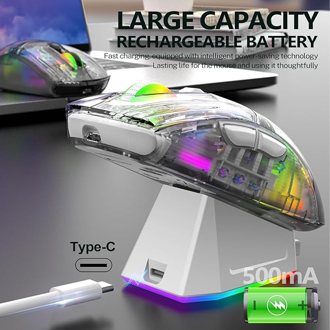 Wireless Gaming Mouse with Transparent RGB Mechanical, Tri-Mode 2.4GHz/Bluetooth/Wired Mouse, Charging Base, Digital Display,Silent Mice, 7 Buttons, Computer Mouse for Gaming and Esports (White)