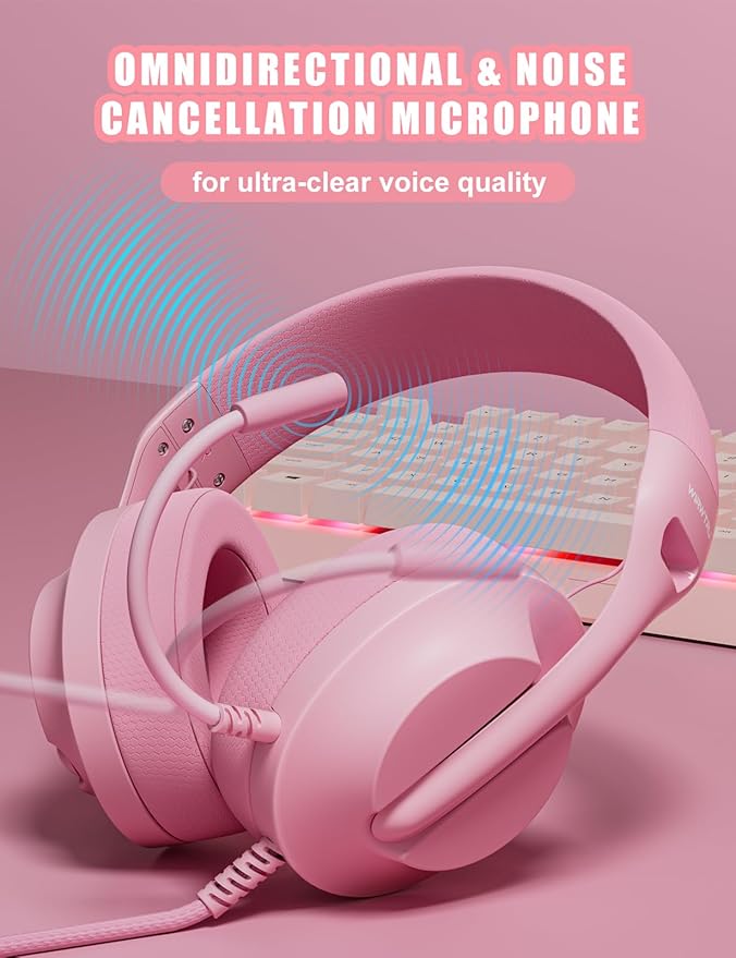 WIRWTRU S30 Gaming Headset with Microphone,198g Lightweight Design, Wired Gaming Headphones for Xbox, Xbox Series X|S, PS5, PS4, Switch, PC, Noise Cancelling Mic, Soft Earmuffs (Pink)
