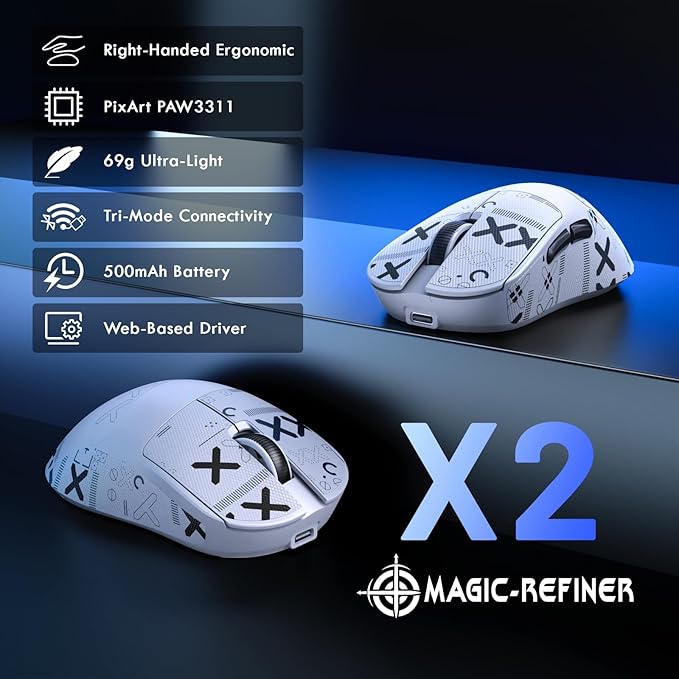 MAGIC-REFINER X2 Superlight Wireless Gaming Mouse,BK3633 Tri-Mode BT/2.4G Wireless/Wired Mouse with Grip Tape,25000DPI,1000Hz Polling Rate,500mAh,Large Size,5 Programmable Buttons for Pc/Mac,White PRO