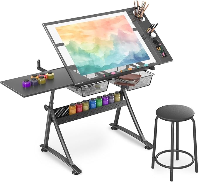 OS MOTOR Adjustable Height Drafting Table with Glass Top, Art Craft Desk with Slide-Out Drawers, Storage, for Drawing, Writing, Painting, and Creative Tasks, Ideal for Home Office