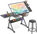 OS MOTOR Adjustable Height Drafting Table with Glass Top, Art Craft Desk with Slide-Out Drawers, Storage, for Drawing, Writing, Painting, and Creative Tasks, Ideal for Home Office