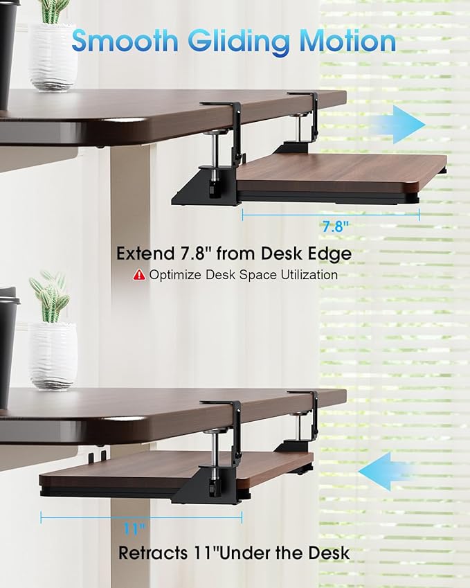 Small Keyboard Tray Under Desk, Pull Out Keyboard & Mouse Tray with Adjustable C-clamp, 20(25.9 Including Clamps) x 11.8 Inch Slide Out Computer Keyboard Drawer Mouse Tray for Typing, Walnut
