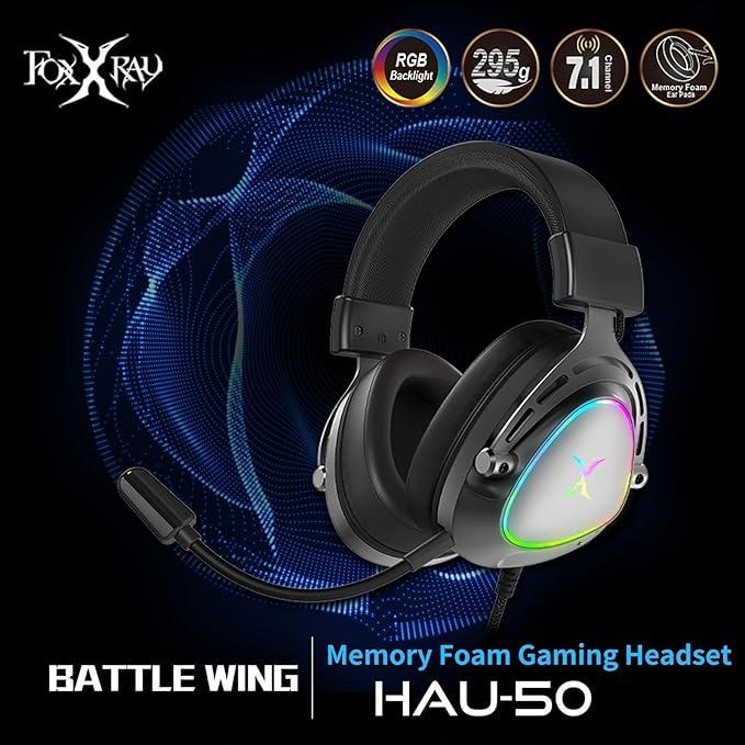 FOXXRAY HAU-50 RGB Gaming Headset, Computer Headphone with Detachable Microphone, Surround Sound, 50mm Drivers, Soft Earmuffs, Lightweight USB Wired Headphones for PC, PS4, PS5, Laptop, Smartphone
