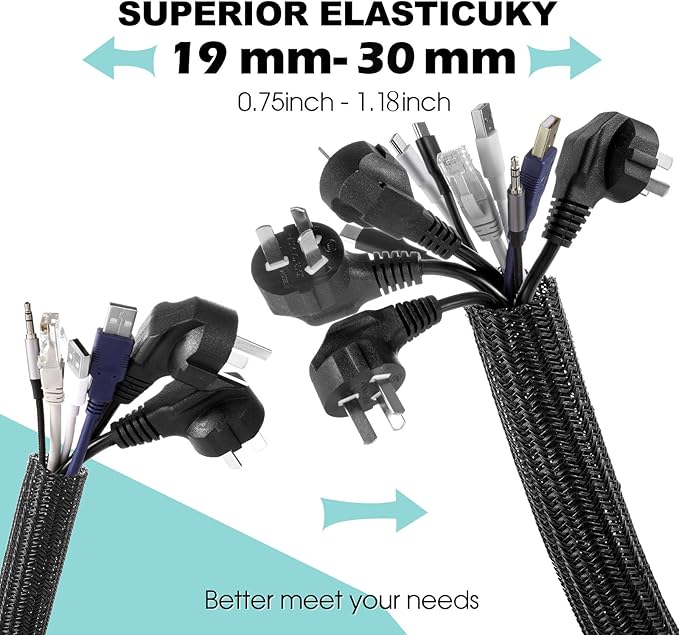 AGPTEK Cable Sleeve, 20ft - 1.2 inch Desk Cable Management Desk Cord Cover Organizer Wire Hider for Home Office Computer TV Wire Loom Tubing Pet Proof Cord Protector from Cat Dog Chewing, Black