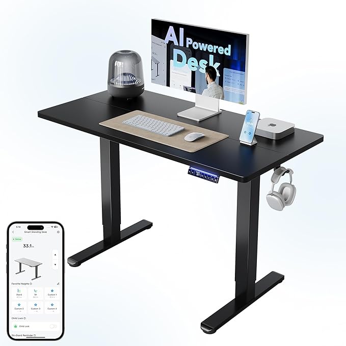 HUANUO 32" AI Smart Standing Desk with App-Synced Sedentary Reminders, Electric Height Adjustable Desk with Body-Data Ergonomic Presets, Voice Control Alexa/Google/Siri, 3 Memory Settings Table, Black