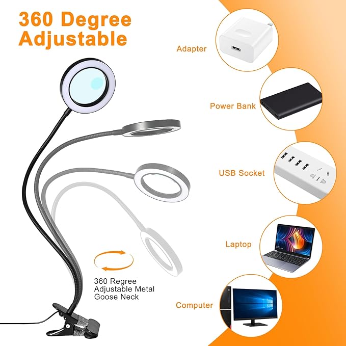 20X/10X Dual-Lens Magnifying Glass with Light and Timer, Combination Lens Magnifier with Light, 3 Color Modes, 2 in 1 Magnifying Desk Lamp for Craft Hobby Painting Sewing Close Work