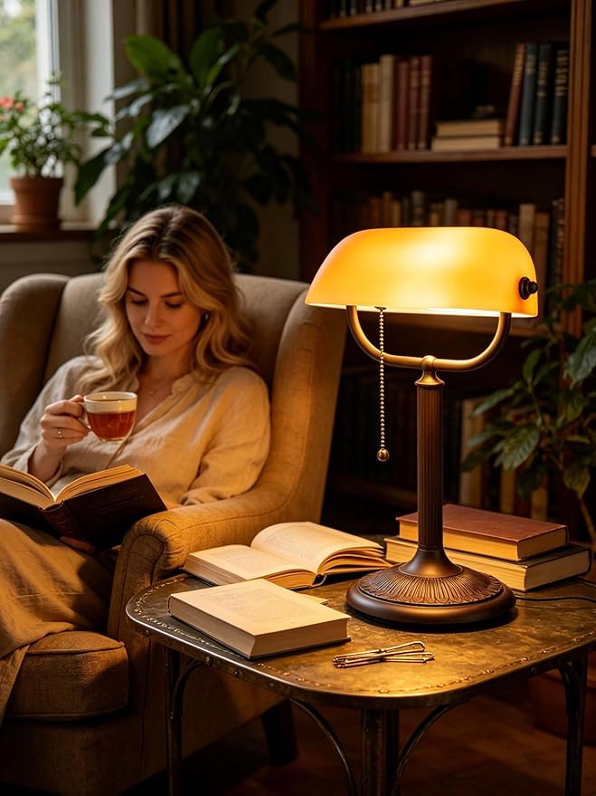 Newrays 1-Minute Quick-Change Shade Antique Matted Amber Glass Bankers Desk Lamp,Plug in Fixture for Study, Office, Library,LED Bulb Included