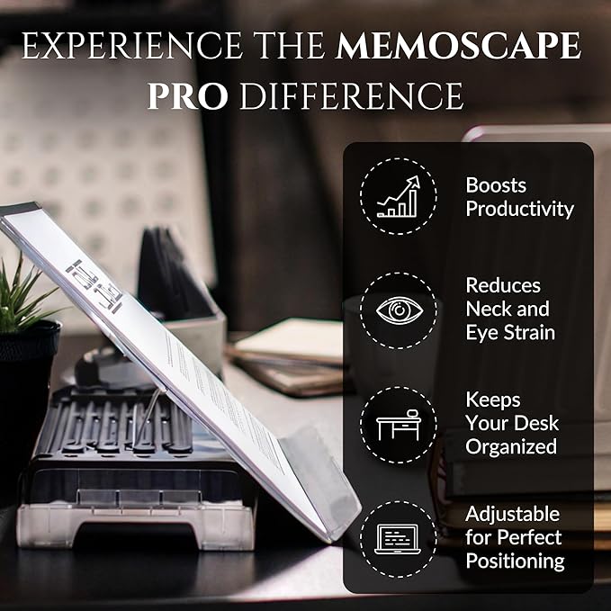 MemoScape PRO Adjustable in-Line Document Copy Holder for Desk - Help Boost Productivity and Reduce Neck Strain - Paper Holder Stand for Desk - Office & Home Organization Accessory - Black