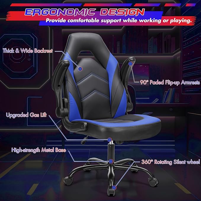 Sweetcrispy Computer Video Game Chair - Ergonomic Home Office with Comfy Lumbar Support, PU Leather Height Adjustable with Flip-up Armrest and 360° Swivel Wheels, Blue, for Adults, Teens