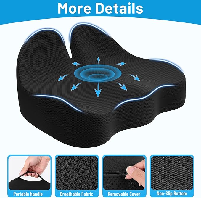 Cushzone Memory Foam Seat Cushion for Office Chair, Ergonomic Coccyx Cushion for Desk Chair, Tailbone Support Pillow for Long Sitting, Non-Slip Seat Pad for Home, Car, Gaming Chair (Black, X-Large)