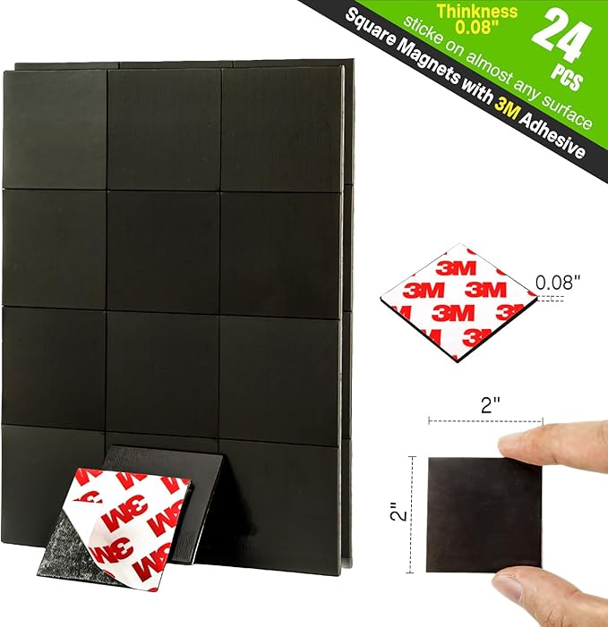 Stick On Magnets with Double Sided Adhesive Tape,Magnet Squares 2"x2",Self Sticky Pre-Cut Magnetic Strip,Peel and Stick for Lightweight Projects (80mil Thickness,24 Pieces)