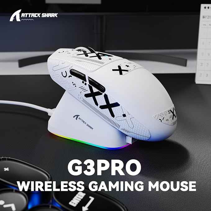 MAMBASNAKE ATTACK SHARK G3PRO Wireless Gaming Mouse with RGB Magnetic Charging Dock,Tri-Mode-2.4G/USB-C Wired/BT, 25K DPI,PAW3311 Optical Sensor,59g Ultra Lightweight,Slip Grip Tape for PC/Mac(White)