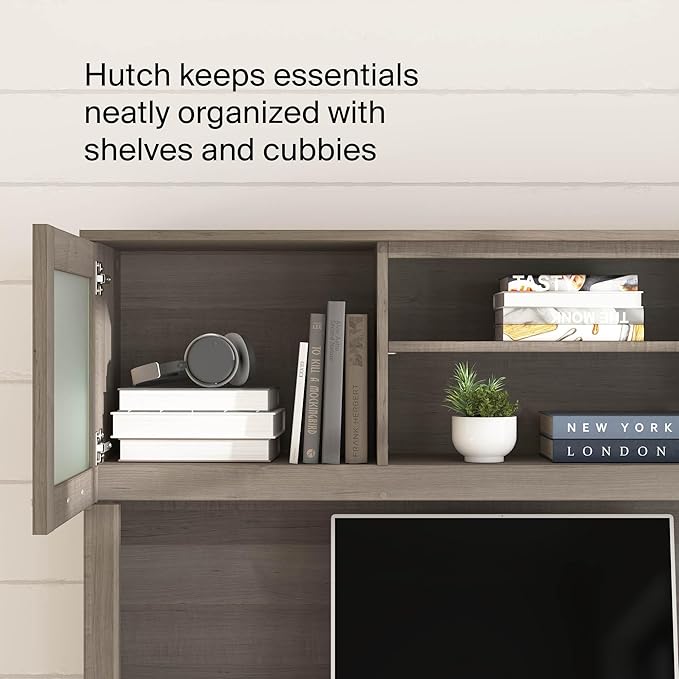 Bush Home 60-Inch Desk Hutch, Office Storage Organizer with Shelves, Cubbies and Frosted Glass Doors for Computer Desk, Home Office Furniture, Somerset Collection, Ash Gray