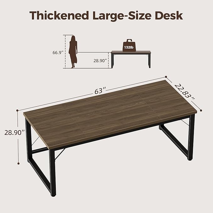 Mericonia 63 Inch Large Computer Desk, 1" Thick Heavy Duty Industrial Office Desk, Modern Simple Study Writing Table for Home Office Bedroom Workstation, Walnut